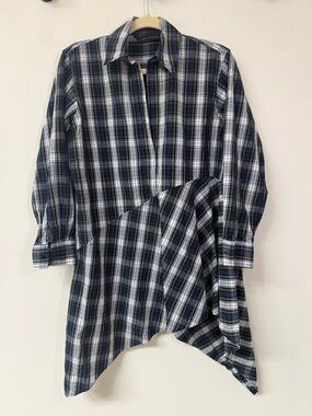 Zara Women’s Plaid Asymmetrical Hem Long Sleeve V-neck Shirt Dress